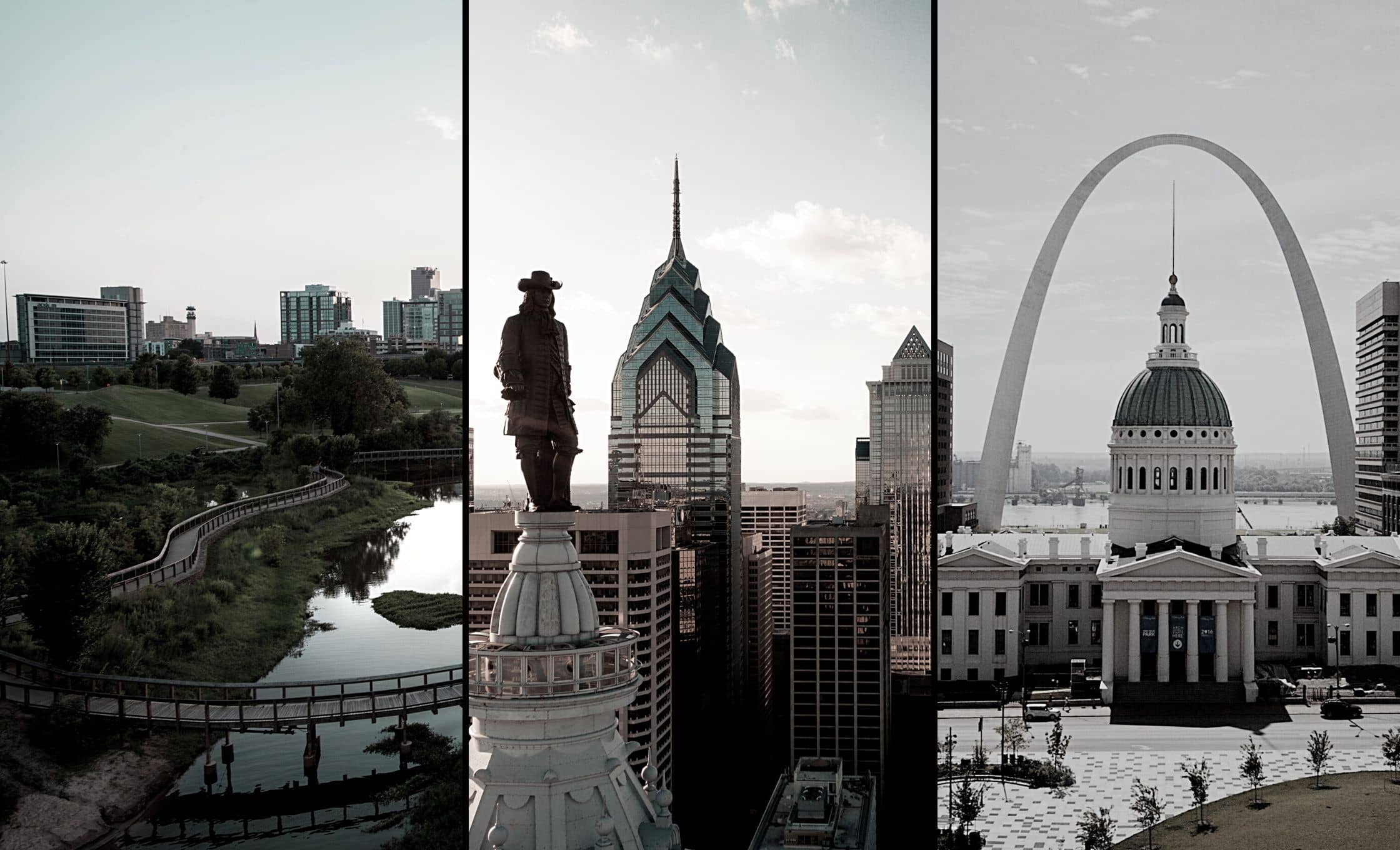 3 city skylines: little rock, Philadelphia, and st. louis
